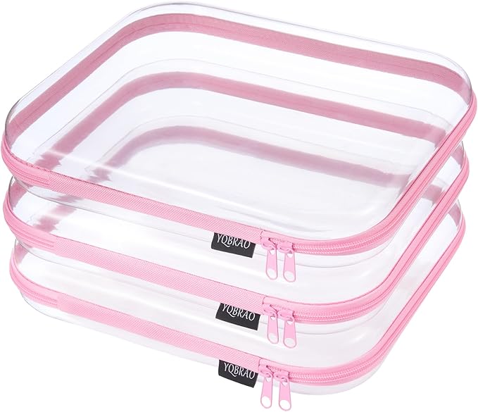 YQBRA 3 Pack Clear Hard Shell Zipper Case, See-Through Hard Plastic Organizer Pouches with Zipper for Travel, Toiletries, Makeup, Electronics & Pencils - Crush-Resistant Storage (L Pink)