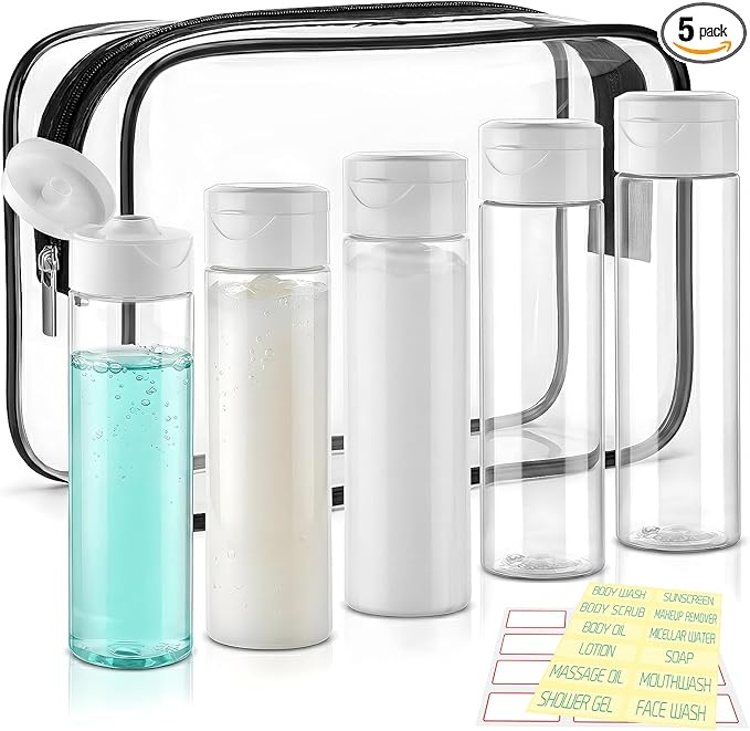 Cosywell Travel Bottles for Toiletries 5 Pack 3.4oz Shampoo Bottles TSA Approved Travel Size Containers Toiletry Bottles Wide Mouth Leak Proof Squeeze Bottle for Lotion Toothpaste(Clear)