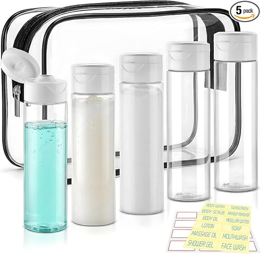 Cosywell Travel Bottles for Toiletries 5 Pack 3.4oz Shampoo Bottles TSA Approved Travel Size Containers Toiletry Bottles Wide Mouth Leak Proof Squeeze Bottle for Lotion Toothpaste(Clear)