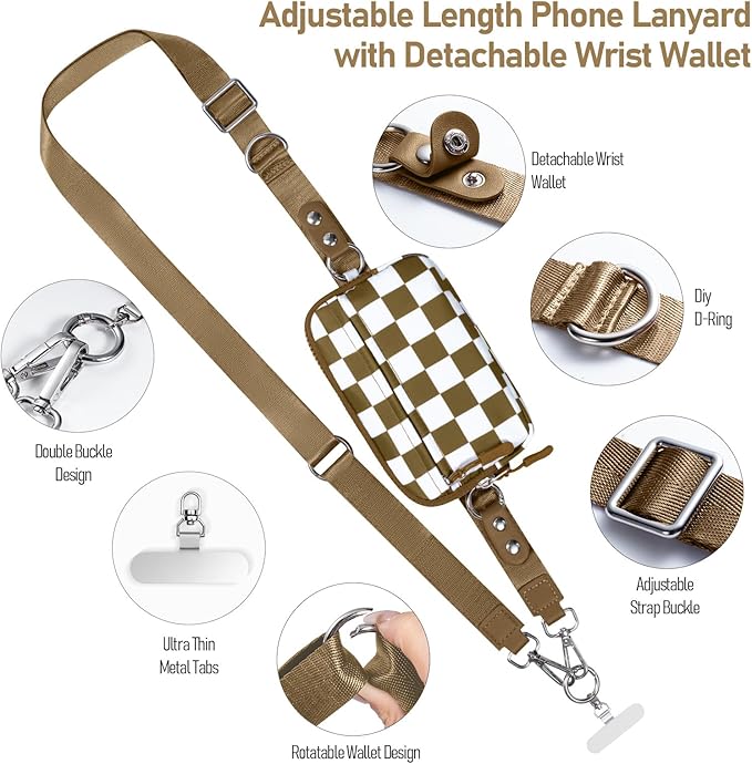 Tiostep Clip and Go Strap for Phone with Wallet Crossbody Phone Lanyard and Detachable Checkered Bag with ID Window and RFID Pouch for Daily Travel.