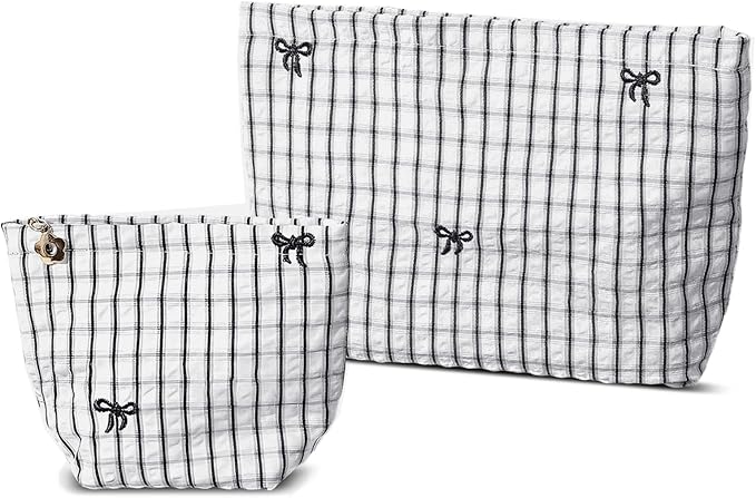 HAPPYHEIDI Makeup Bag Set for Organizing and Traveling, White Checkered Nylon Pouch, Plaid, Zipper Closure, Large 10.2x7.8 Inches