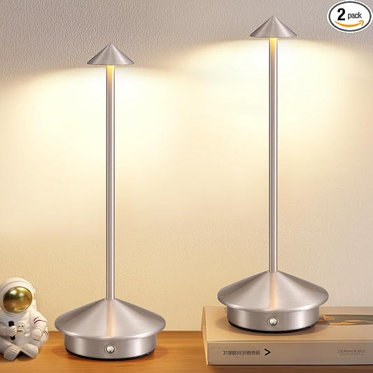 Modern Cordless Table Lamp Set of 2, Brushed Nickel LED Desk Lamps | 5000mAh, Rechargeable, Battery Operated Lighting for Bedroom, Dining Room, Restaurant, Coffee Shop, Camping, Night Light
