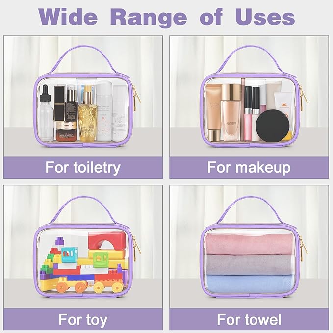 Wedama TSA Approved Toiletry Bag, 3 Pack Clear Makeup Bags with Handles, Quart Size PVC Clear Cosmetic Bags for Women and Men, Carry on Airport Airline Compliant Bag, Purple
