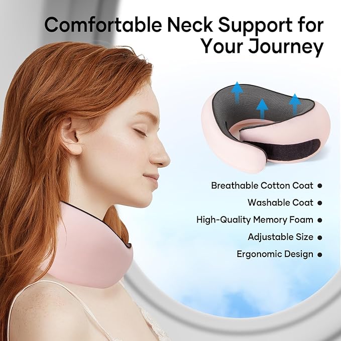 NOCRLG Travel Pillow, Travel Neck Pillow for Airplanes Car, 100% Pure Memory Foam Travel Pillow, Sleeping Essentials for Long Flight 360° Head Support Degree Comfort and Breathability (Pink)