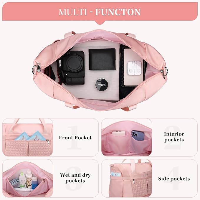 Maelstrom Gym Bag for Women,40L Travel Duffel Bag with Shoes Compartment and Wet Pocket,Waterproof Carry On Weekender Bag,Sport Gym Tote Bags Swimming Yoga, Hospital Holdalls（Pink)
