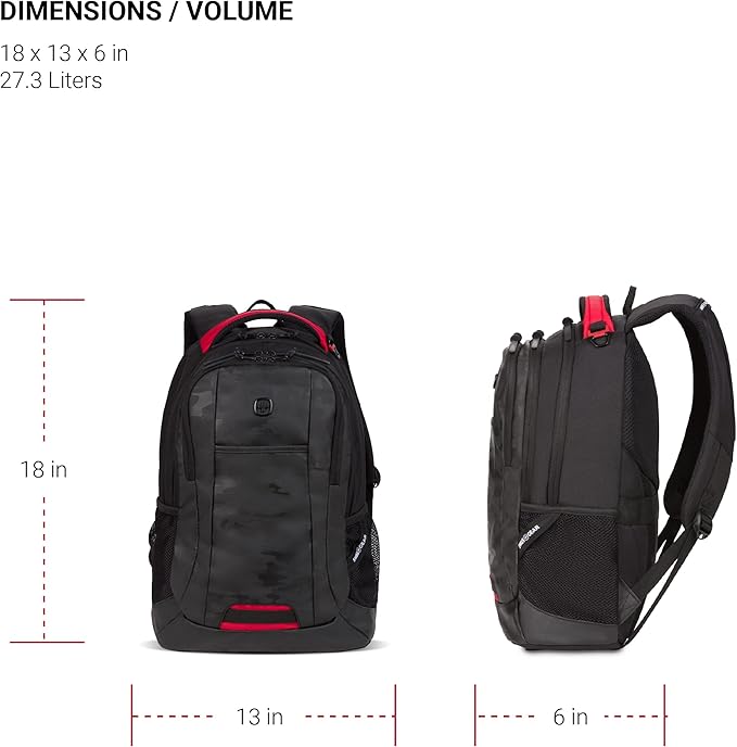 SWISSGEAR Cecil 18-Inch Laptop Backpack Fits 16-Inch Laptop, Travel Daypack with Organizer Pockets, Water Bottle Holders & Padded Straps – Camo Noir