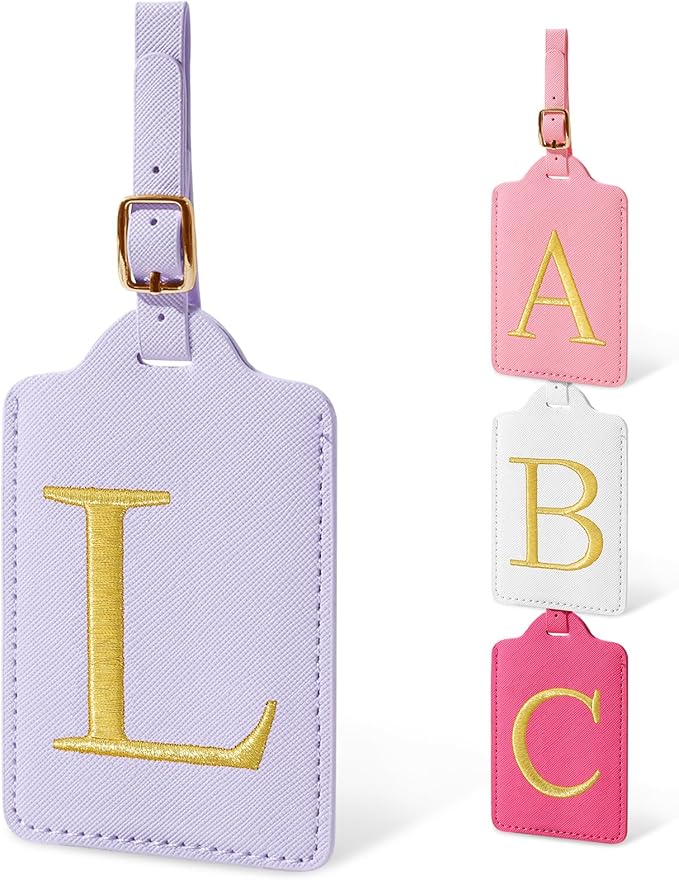 Personalized Initial Luggage Tags for Suitcases, Cute PU Leather Embroidered Letter Travel Luggage Tags, Suitcase Identifier Name Baggage Tag, Bag Tags for Men Women Kids Luggage Handbags(Purple L)