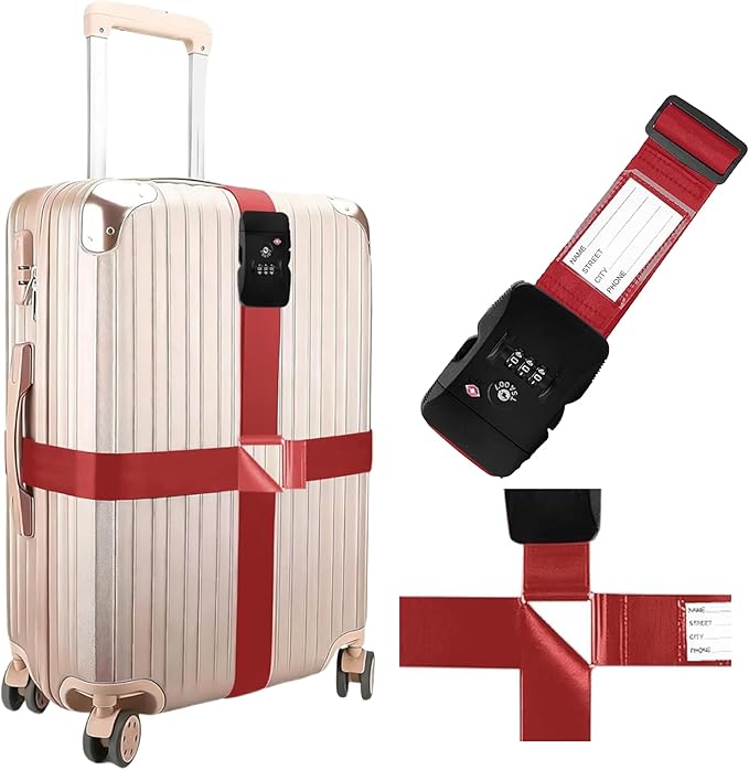Luggage Straps, Wine-Red TSA-Approved Cross-Design Luggage Strap Belt with Customs Lock for Suitcases, 1-Pack Adjustable Heavy-Duty Cross Suitcase Straps with Name Tags for Travel and Carry-On Bags