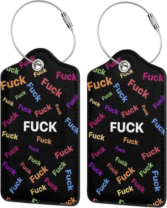 2 Pack Luggage Tags for suitcases Fuck TSA Approved Label Luggage Tag Baggage Tag Leather Stainless Steel Loop Label Tag for Men Women Travel Bag Suitcase