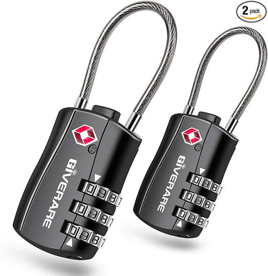 GIVERARE 2 PCS TSA Approved Luggage Locks, Combination Travel Cable Lock, Re-settable 3-Digit Padlocks with Alloy Body, Keyless Travel Sentry Accepted Padlock for Gym Locker, Golf Bag Case-Black