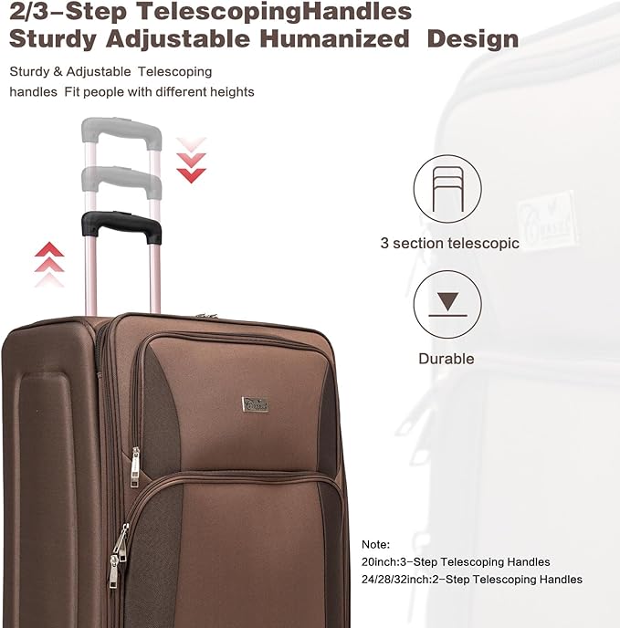 4 Piece Softshell Expandable Luggage Sets, Lightweight Travel Suitcase Set with Lock and 360°Swivel Spinner Wheels, Durable Softside Luggage, 20 in/24 in/28 in/32 in, Brown
