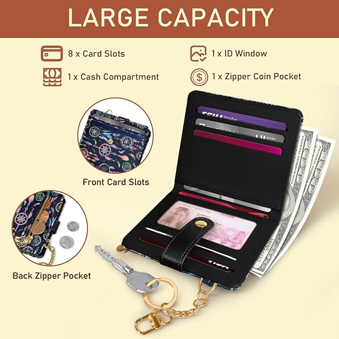 Jogjam Colorful Dream Catchers with Feathers Rfid Ladies Wallet, Small Credit Card Women Wallet, Boho Traditional Circular Net PU Leather Bifold Cash Zipper Coin Pocket for Female Blessing