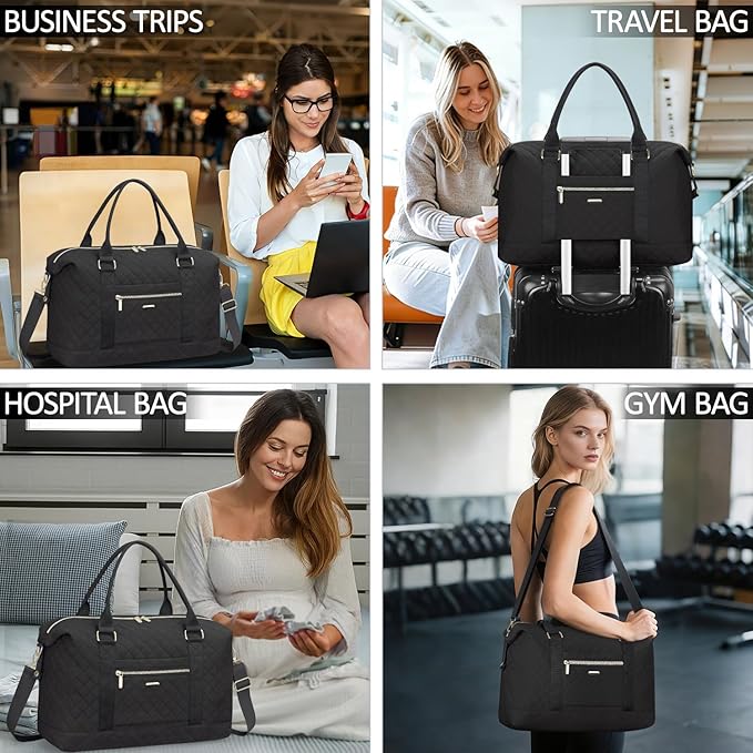 Quilted Travel Duffle Bag for Travel Women with Toiletry Bag, Large Weekender Bags for Women Carry on Duffel Overnight Bag, Waterproof Travel Tote Bags for Sports, Weekender, Business, Black