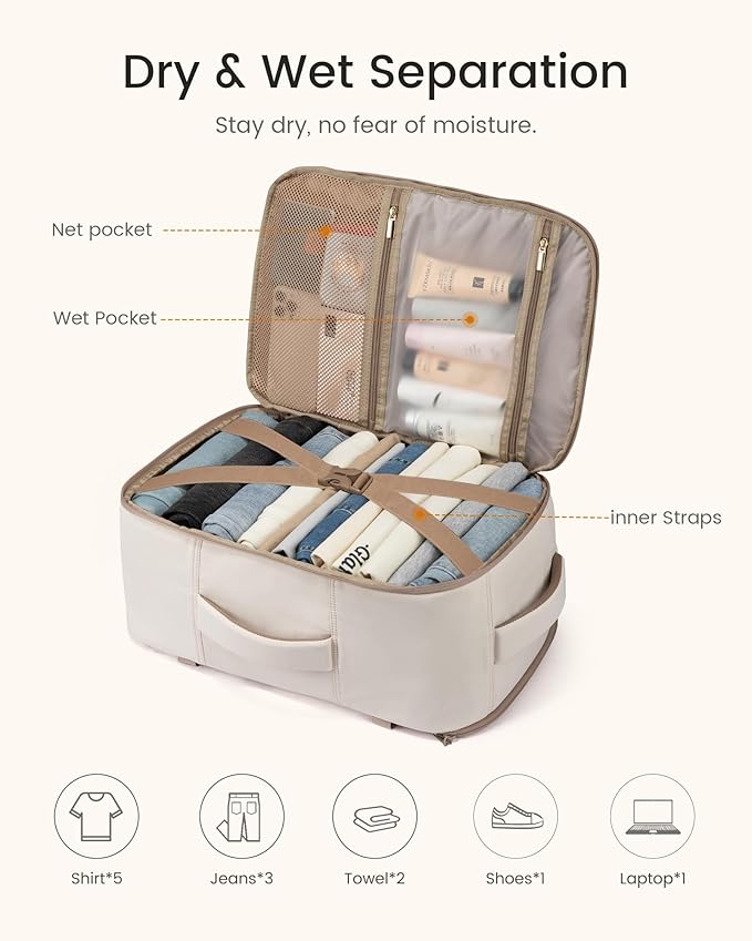 LOVEVOOK 50L Travel Backpack for Women Men, TSA Personal Item Travel Bag Fits 17.3inch Laptop, Waterproof Airline Approved Carry On Luggage With 2 Cubes for Weekender Hiking Business, Beige