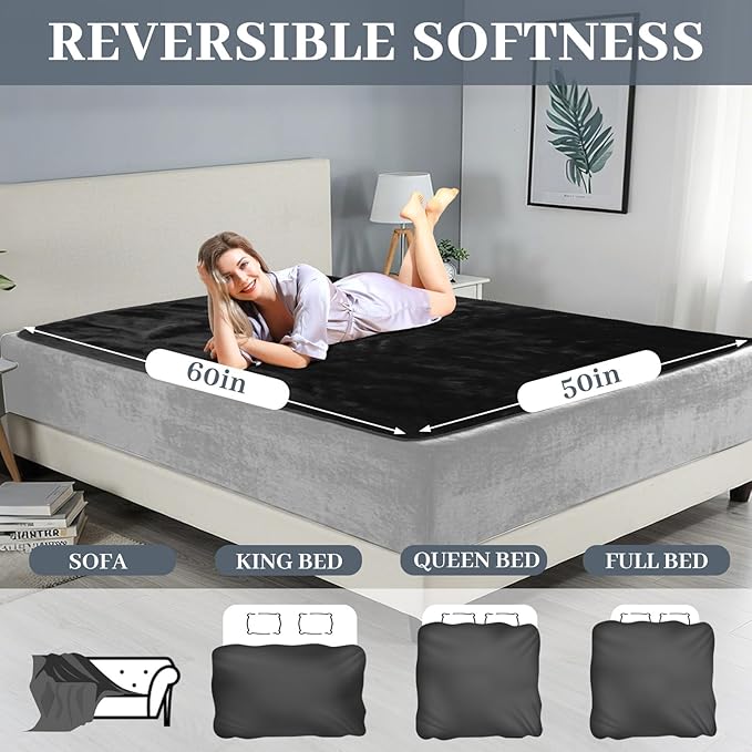 Black Waterproof Bed Blanket, 50'' x 60'' Portable Double Side Leakproof Sherpa Flannel Fleece 3 Layer Lightweight Blanket for Home Care Protection, Absorbs 33oz