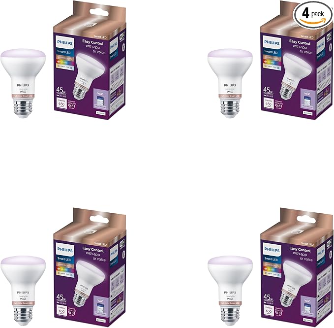 PHILIPS Smart Wi-Fi Connected LED 45-Watt R20 Light Bulb 4-Pack, Frosted Color, Dimmable, E26 Medium Base