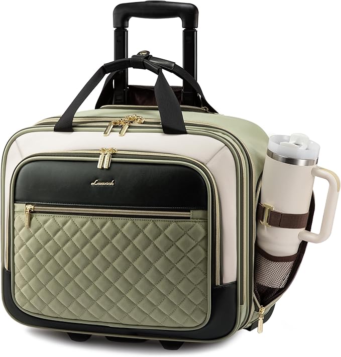 LOVEVOOK Rolling Laptop Bag Women, 17.3 Inch Laptop Briefcase with Wheels for Work Travel Business, Underseat Carry On Luggage Case,Green-Beige