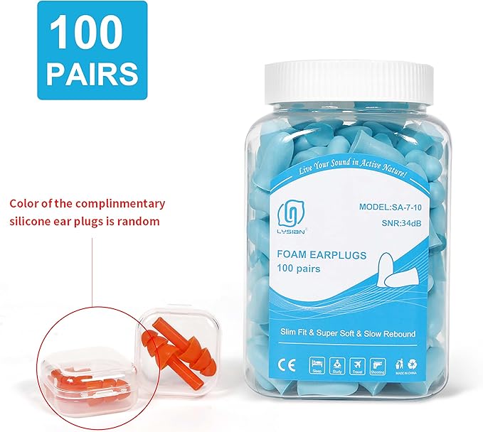 LYSIAN Slim Fit Foam Ear Plugs for Sleeping Women, Kids Small-100 Pairs, 35dB SNR Noise Reduction Earplugs Disposable for Sleep, Snoring, Work, Shooting Loud Noise, Lake Blue
