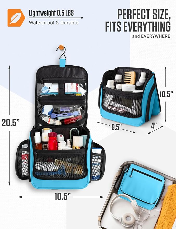 VENTURE 4TH Hanging Travel Toiletry Bag for Women & Men – Large Toiletry Organizer with 18 Compartments, Removable TSA Pouch, Travel Wash Bag for Toiletries, Makeup & Shaving Kit (Light Blue)