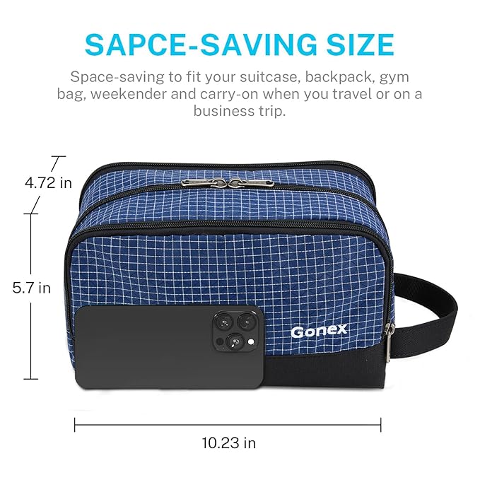 Gonex Travel Toiletry Bag Nylon, Shaving Bag Toiletry Organizer Check Patten (Navy Blue)