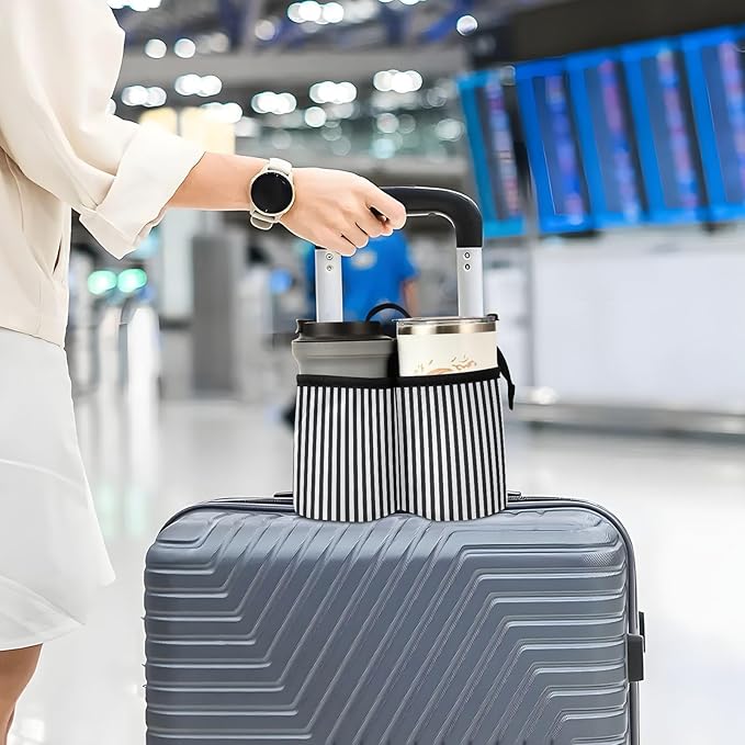 Luggage Cup Holder for Suitcases Free Hands Travel Cup Holder Portable Suitcase Cup Drink Holder Luggage Cup Caddy Bag Carrier Black and White Stripes