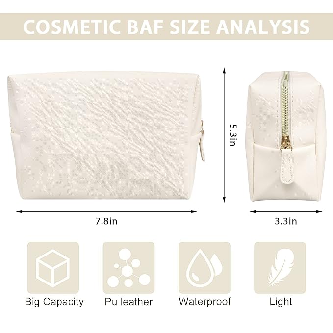 GFU Makeup Bag, Travel Cosmetic Bag for Women, Large Capacity Travel Toiletry Bag Waterproof PU Leather, Multifunctional Cosmetic Pouch for Girls, Women and Moms Gifts, Beige White