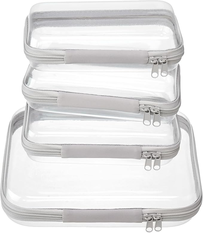 4 pcs Clear Zipper Pouches,Hard Shell Zipper Case, Toiletry Bag for Travel, CLear Diaper Bag, Toiletry Pouch, Travel Organizer, Cosmetic Bag,Toy Storage Bins (M+3S) (Gray)
