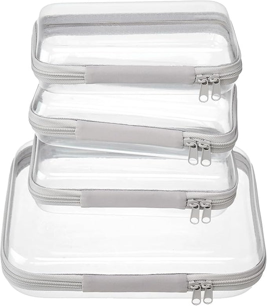 4 pcs Clear Zipper Pouches,Hard Shell Zipper Case, Toiletry Bag for Travel, CLear Diaper Bag, Toiletry Pouch, Travel Organizer, Cosmetic Bag,Toy Storage Bins (M+3S) (Gray)