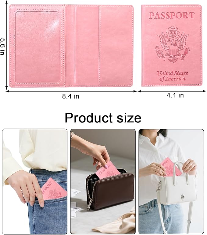 Sizobi PU Passport Holder for Travel, Passport Cover Wallet for Women Men, Leather Passport Book Card Holder Case for International Travel Must Haves Accessories, Cruise Ship Essentials Gifts, Pink