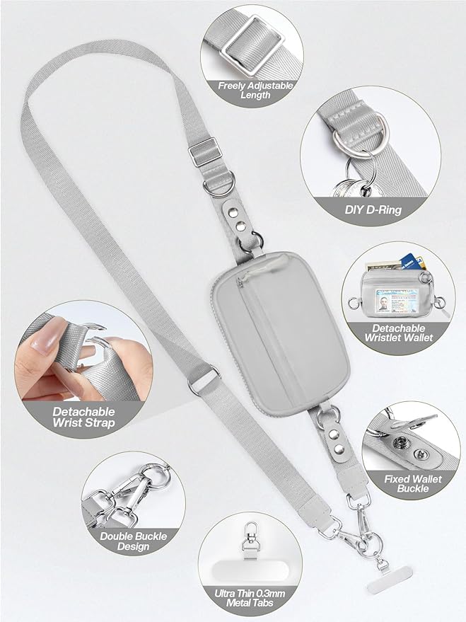Tiostep Clip and Go Strap for Phone with Wallet Crossbody Phone Lanyard Adjustable and Detachable RFID Wristlet Wallet with ID Window and Zipper, Grey