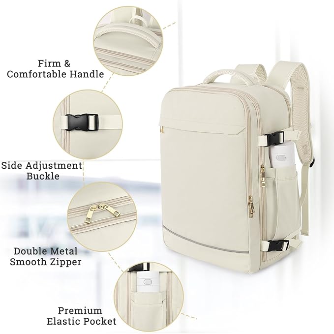 Travel Backpack, 40L 17 inch Laptop Waterproof Backpack Carry on Flight Approved, Personal Item Travel Bag, Casual Daypack for College, Business, Weekend, Work, Beige