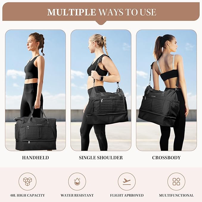 Maelstrom Gym Bag for Women,40L Travel Duffel Bag with Shoes Compartment and Wet Pocket,Waterproof Carry On Weekender Bag,Sport Gym Tote Bags Swimming Yoga, Hospital Holdalls（Black）