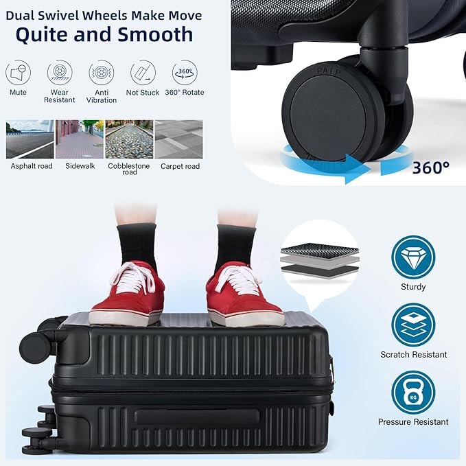 HanTrip Hard Shell Suitcases Expandable Travel Luggage Sets 2 Piece, Carry on and Check in Luggage Lightweight Suitcase Set 2 Piece with Wheels Cup Holder Charger Built in (Black, 20/28)