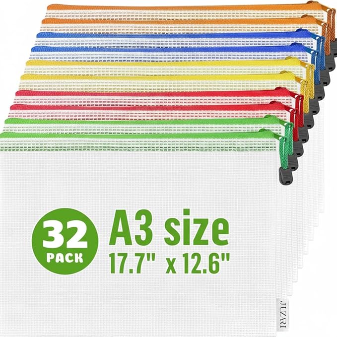 32 Pack Mesh Zipper Pouch Bags A3 - 17.7x12.6 - Plastic Zipper Pouches for Organizing - Board Game Bags - Puzzle Organizer Bag - Large Zippered Pouch Bag - Mesh Pouches with Zippered - Puzzle Storage