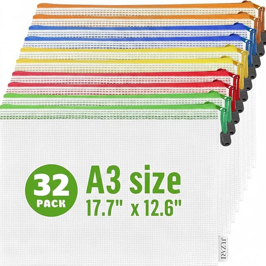32 Pack Mesh Zipper Pouch Bags A3 - 17.7x12.6 - Plastic Zipper Pouches for Organizing - Board Game Bags - Puzzle Organizer Bag - Large Zippered Pouch Bag - Mesh Pouches with Zippered - Puzzle Storage