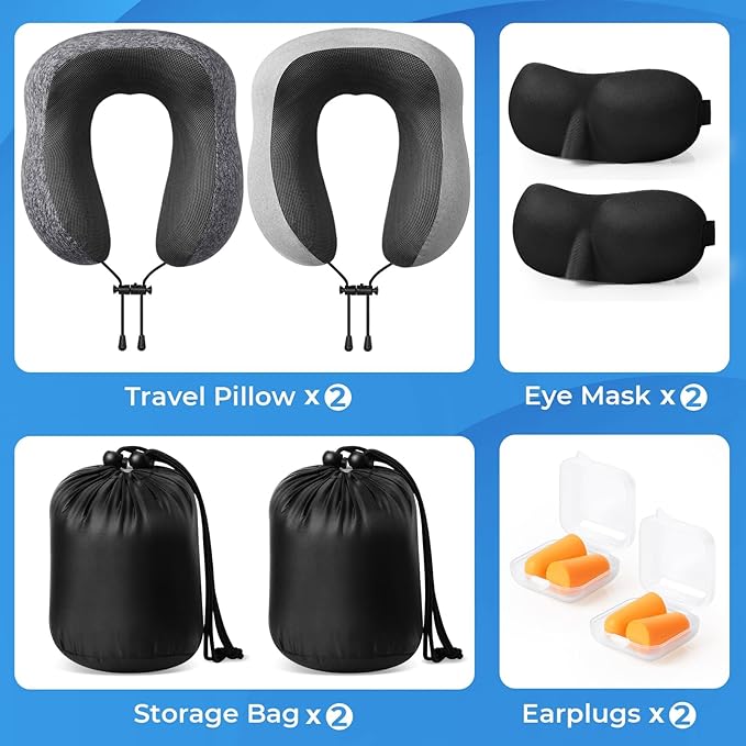 Travel Pillow, 2 Pack Travel Pillows for Sleeping Airplane, Neck Pillow Airplane, Memory Foam Neck Pillow Set with Eye Mask, Earplugs and Storage Bag -Grey & Light Grey