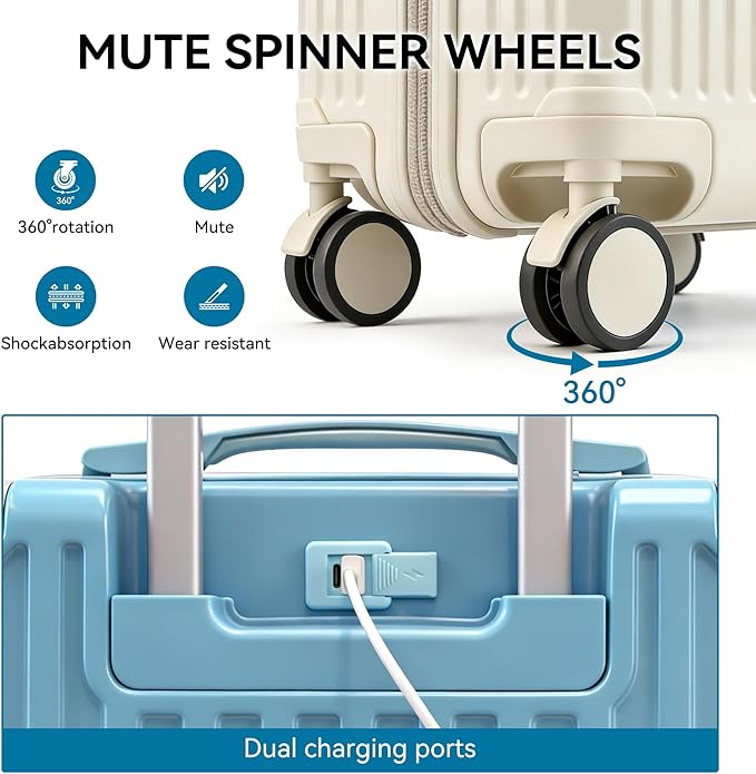 Carry On Luggage with Spinner Wheels,PC Hard Shell Suitcase with USB Port,Lightweight Travel Luggage Airline Approved for Men Women,White,3-Piece Set (14/20/24)