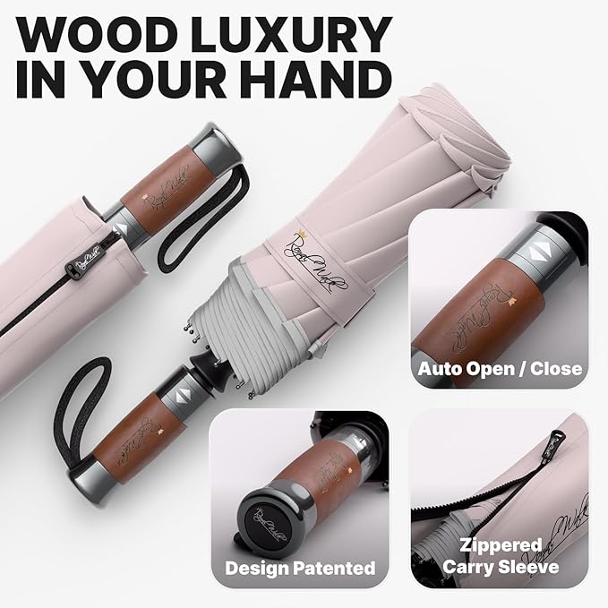 Royal Walk Windproof Folding Travel Umbrella Compact and Strong Luxurious Real Wood Handle Automatic Open Close Vented Double Canopy for Men and Women (Beige)