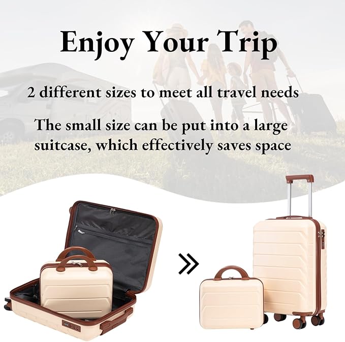 2-Piece ABS Hard Shell Lightweight Carry-On Luggage Set (14" & 20"), 360-Degree Spinner Wheels, Adjustable Telescopic Handle and Combination Lock for Travel, Beige