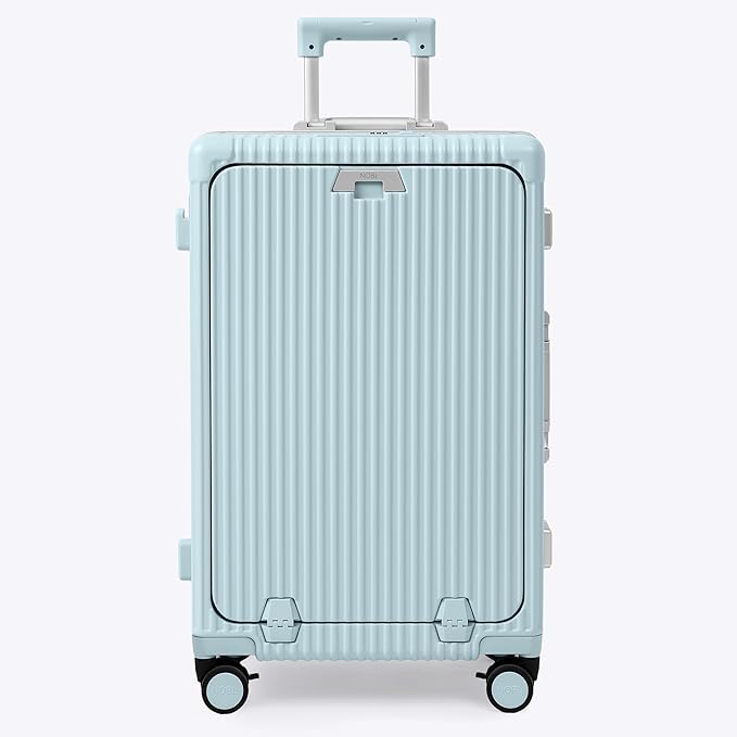 Nobl Travel Zipperless Check In Suitcase - Aluminum Frame, Medium Check In luggage 27x17.5x10.4 Airline Approved by Noble Travel - Polycarbonate Shell - TSA Locks, 360° Spinner Wheels - Powder Blue