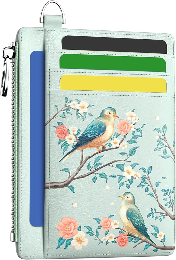 Hancynir Bird Floral Slim Wallet Women Credit Card Holder Cute Flower RFID Blocking Small Card Wallets Mini Front Pocket PU Leather Thin Travel Zipper Coin Cash Ladies Female Wallet Organizer Gifts