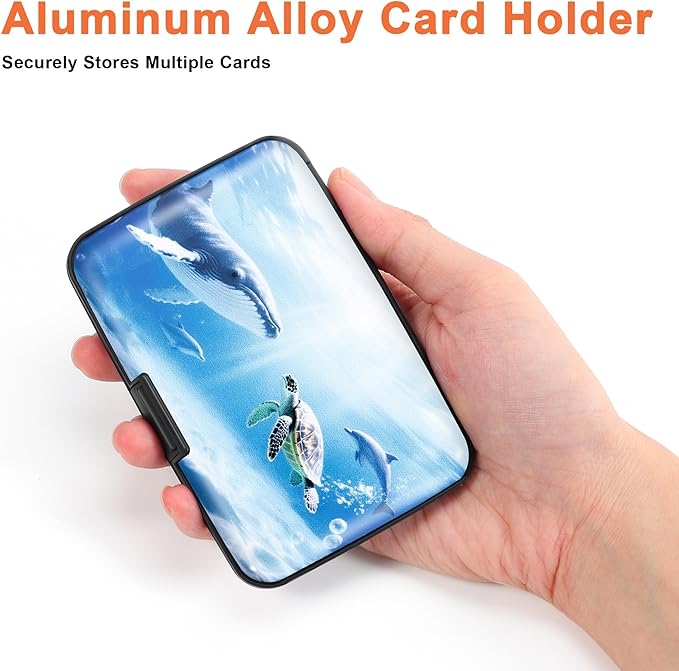 Mayski Credit Card Holder, RFID Blocking, Aluminum Alloy Hard Case, Small Mini Business Metal Wallet for Women Men, Ocean