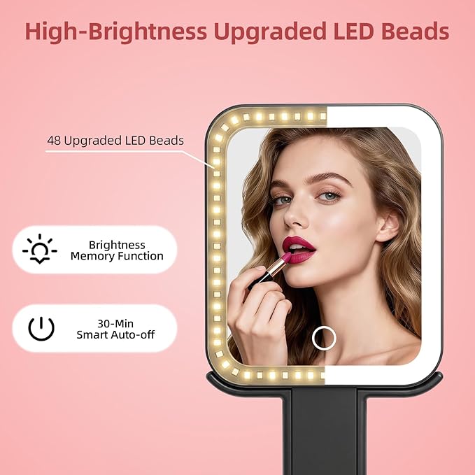 Travel Mirror with Lights, Rechargeable Magnifying Mirror 10X/1X Double-Sided, 3 Color Lighting, Smart Touch Dimming, Precision Tweezers, Lighted Makeup Mirror for Desk, Trip, Office (10.3"x5.2")