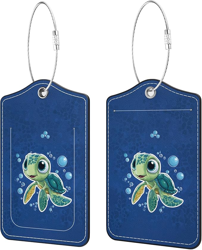 2 Pack PU Leather Luggage Tags for Suitcases, Privacy Protection Cover with Stainless Steel Loop and Address Card, Travel Cruise Essentials (Sea Turtle)