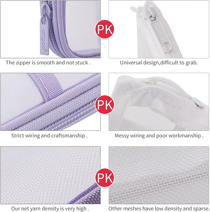 EASTHILL Grid Mesh Pen Pencil Case with Zipper Clear Makeup Color Pouch Cosmetics Bag Multi-Purpose Travel School Teen Girls Transparent Stationary Bag Office Organizer Box for Adluts(Purple)