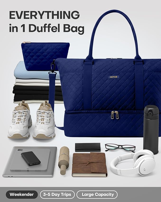 HOTOR Travel Duffel Bag - Weekender Bags for Women, Gym Tote Bags with Shoe Compartment, Carry On Overnight Bag with Toiletry Bag for Travel Essentials Travel Accessories, Dark Blue, 15.8"×18.1"×8.7"