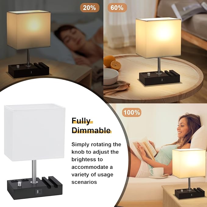 White Table Lamp for Bedroom - Stepless Dimmable, USB C+A, 2 AC Outlets | Dimming By Rotary Knob, USB C+A Ports, 2 Phone Stands, LED Bulbs Included, Rectangle White Lampshade, for Living Room, Desk