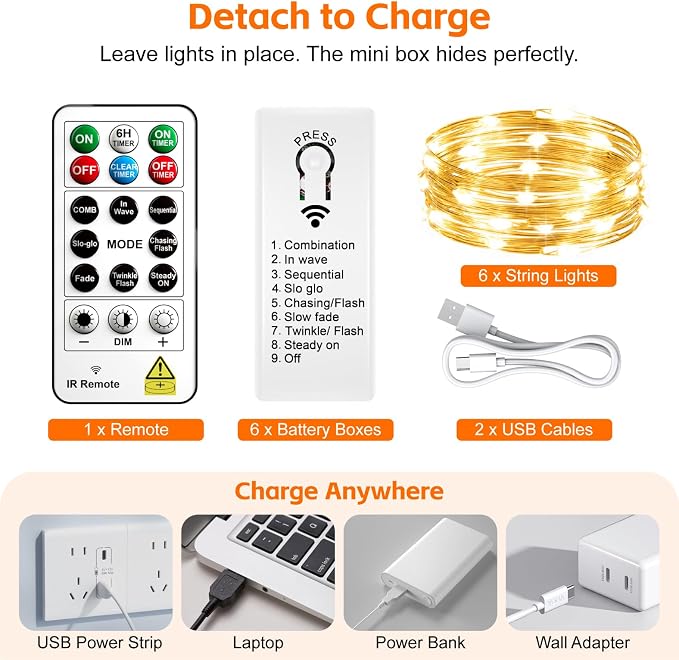 6 Pack Rechargeable Fairy Lights,7ft 20LEDs, Remote & DIY Timer | Dimmable Silver Wire, Mini Twinkle Lights, For Mason Jar, Indoor Christmas Bedroom Wedding Decor, Multicolor