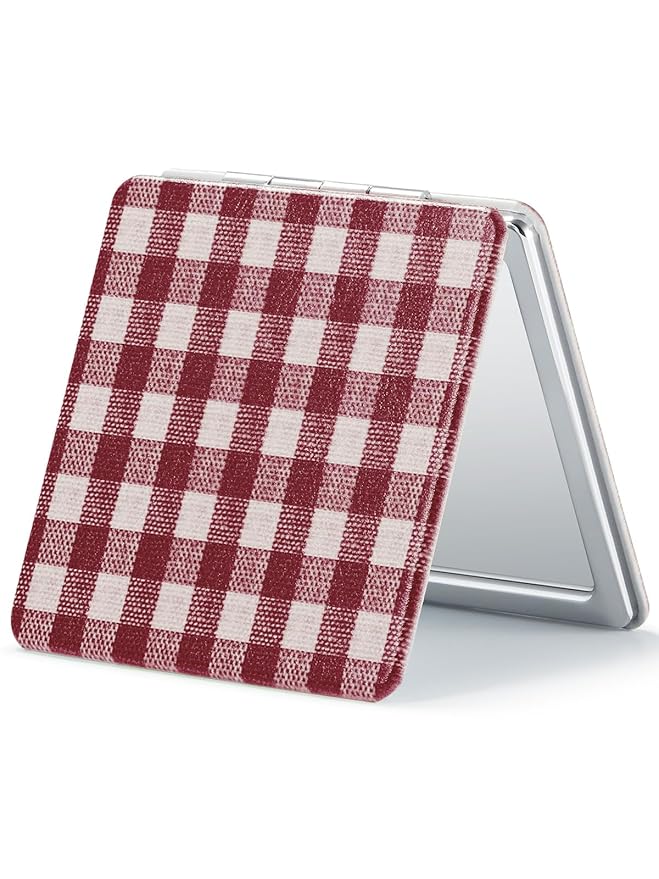 OMIRO Compact Mirror, Unique Plaid Pattern PU Leather 1X/3X Magnification, Ultra Portable for Purses, 2.76" W x 2.76" L, Red Plaid