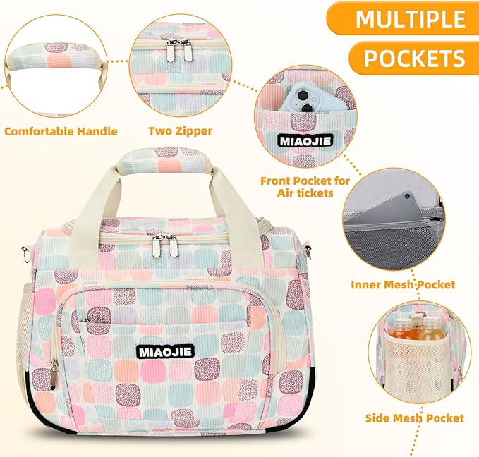 Underseat Carry On Luggage Lightweight Travel Tote Weekender Bag Overnight Duffle Bag for Travel, Travel Essentials Personal Item Travel Bag for Women, Corduroy Colorful Plaid-16Inch